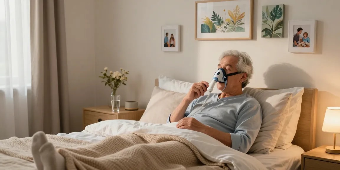 CPAP dealer near me assisting a senior using a CPAP machine in a cozy bedroom setting for effective sleep health.