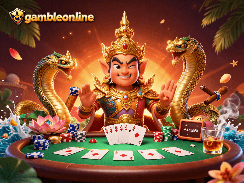 Experience the thrill of poker with gambleonline in a vibrant, 3D animated casino scene.
