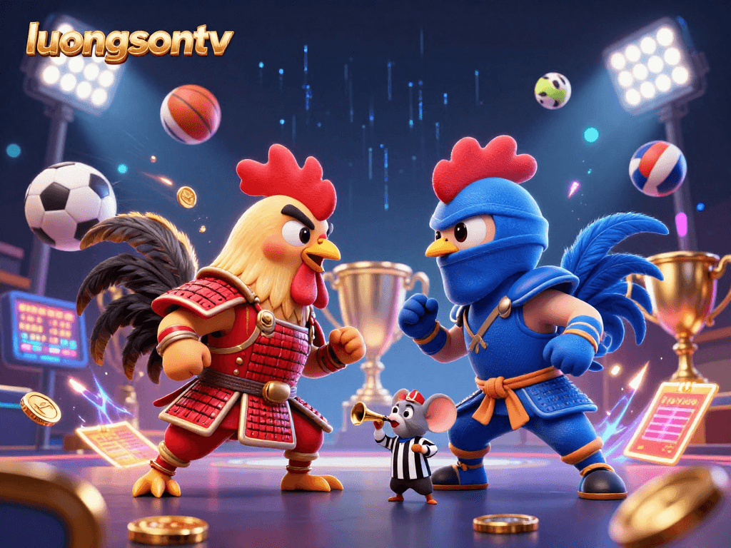 Experience live sports excitement with luongsontv’s dynamic illustration featuring rooster fighters and sports elements.