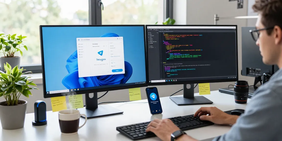 Efficient workspace showcasing a Telegram download tutorial on dual screens with coffee and tech gadgets.