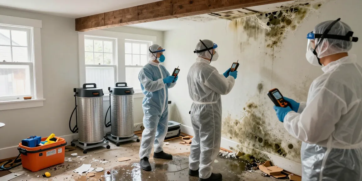 Mold Remediation Vancouver technicians effectively inspecting a mold-infested basement for thorough remediation.