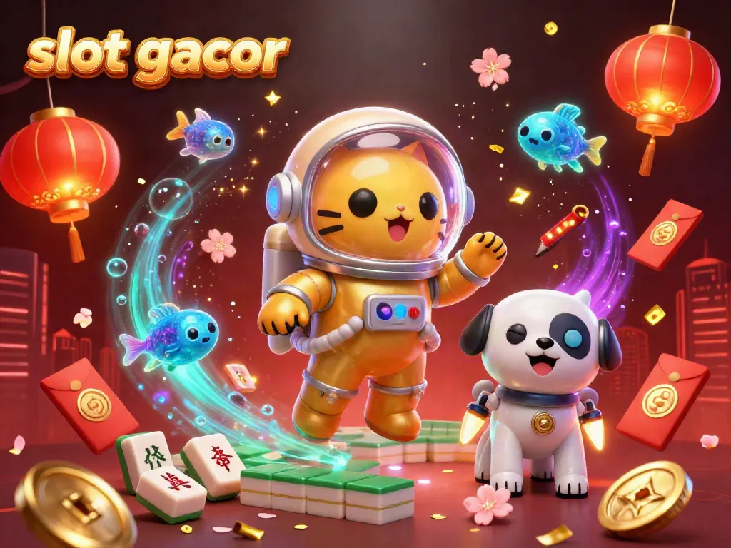 Slot gacor menyenangkan dalam ilustrasi 3D, menampilkan kucing astronaut dengan anjing robot dan elemen kasino seperti ubin Mahjong.