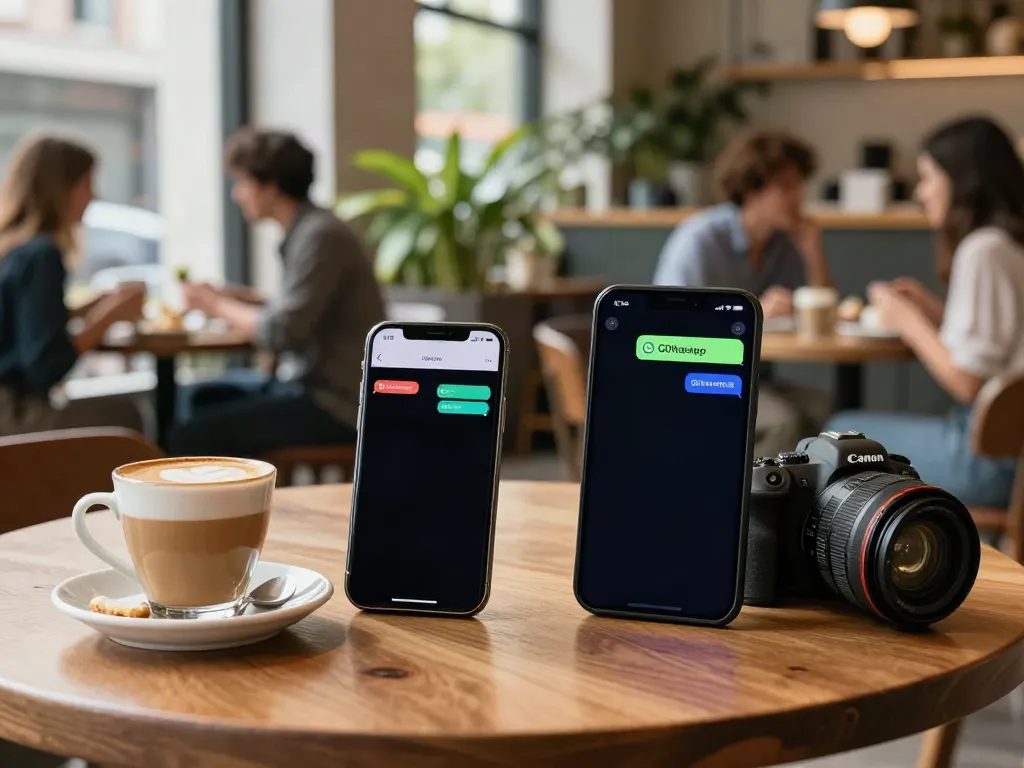 Engaging smartphone user exploring OGWhatsApp features at a café.