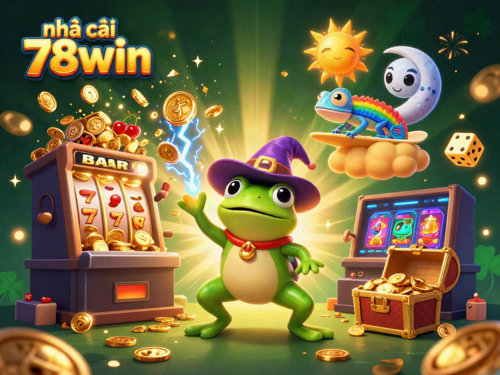 Engage in excitement with nhà cái 78win's vibrant gaming scene, featuring cartoon wizard and chameleon amidst golden jackpots.