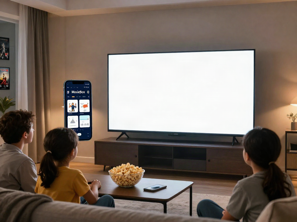 Family enjoying a movie together using the Movie Box download app on a large screen in a cozy living room.
