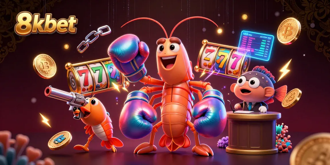 8xbet showcases an immersive casino scene with dynamic shrimp characters and vibrant slot elements.
