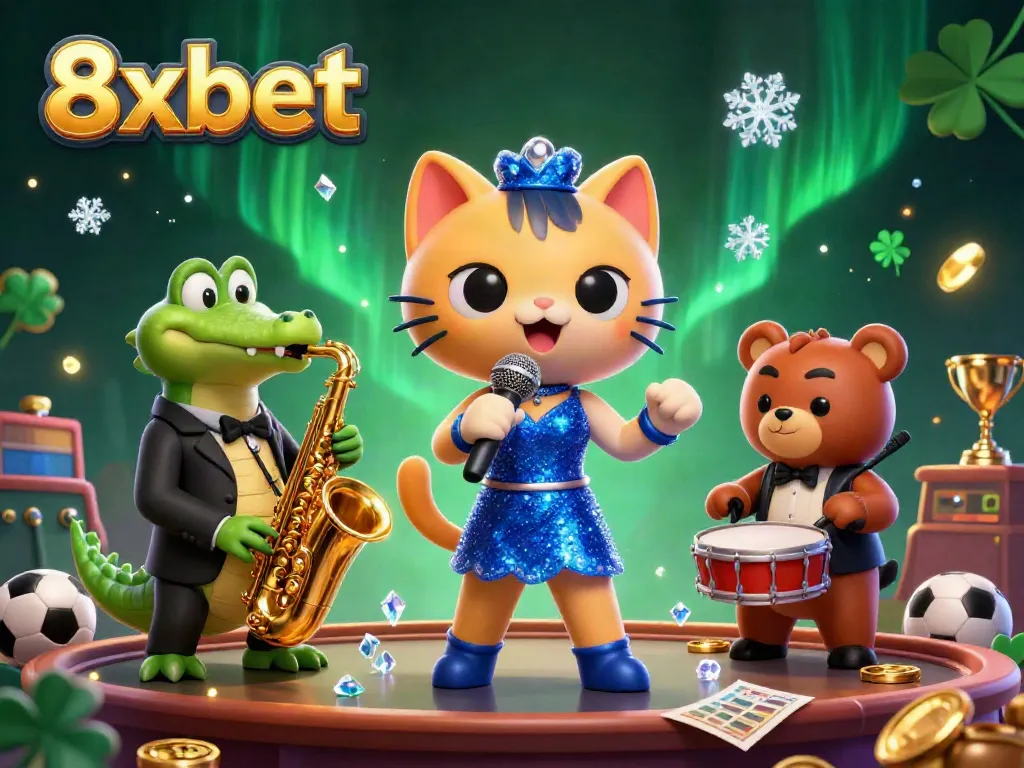 Engage with 8xbet featuring a vibrant 3D scene of a singing cat, saxophone crocodile, and drum bear in a sports betting environment.