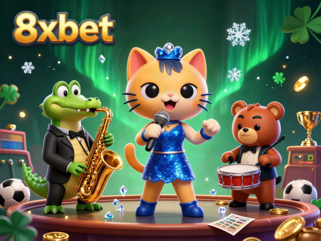Engage with 8xbet featuring a vibrant 3D scene of a singing cat, saxophone crocodile, and drum bear in a sports betting environment.