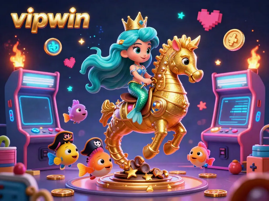 Experience excitement with vipwin in this immersive 3D adventure featuring a mermaid, seahorse, and vibrant gaming elements.
