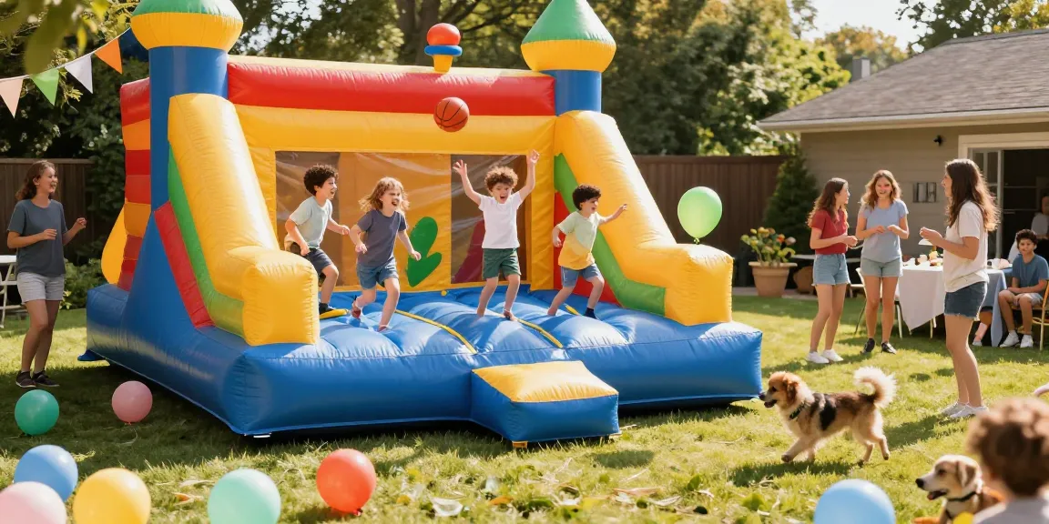 Kids enjoying a lively inflatable castle at a backyard party, showcasing excitement and summer fun.