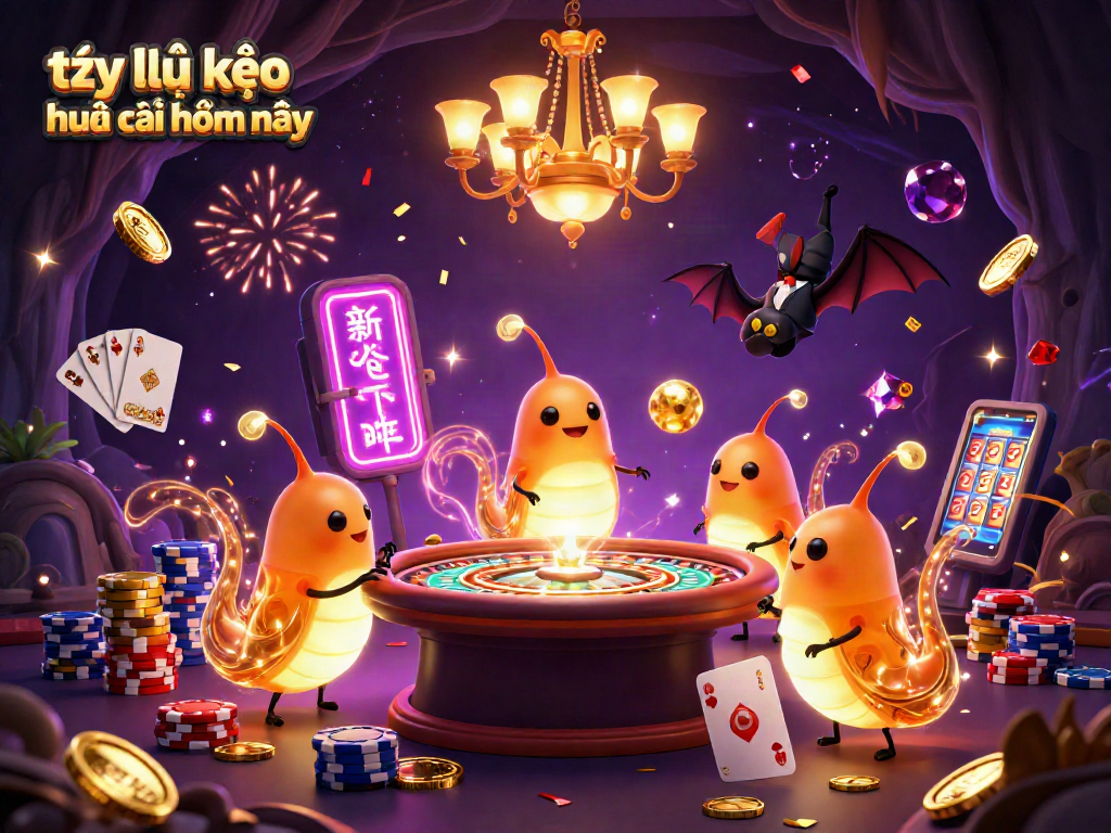 Engaging 3D scene showcasing tỷ lệ kèo nhà cái hôm nay with vibrant glowworms in a lively casino atmosphere.