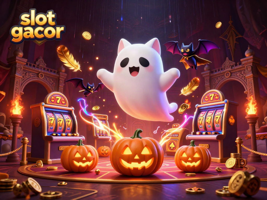 Experience slot gacor with a lively scene of a ghost cat in a haunted casino.