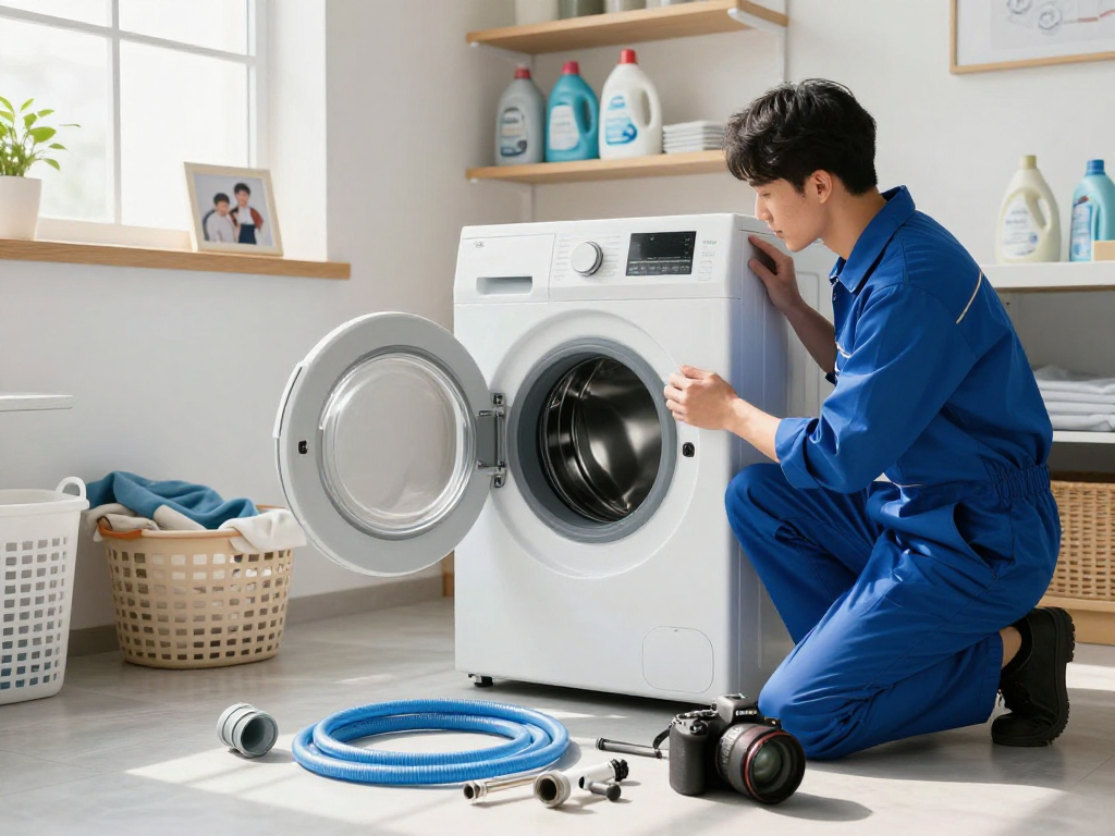 Washer Specialists demonstrating expertise in a bright laundry room while examining a washing machine.