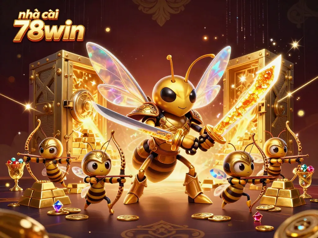 Experience the excitement at nhà cái 78win with a vibrant 3D illustration showcasing a samurai hornet and bee archers amid gold treasures.